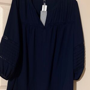 Daniel Rainn Navy Pintuck Peasant Tunic with Lace Sleeve Detail